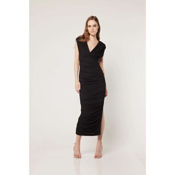 Elliatt LORI PLUNGE NECK RUCHED SHEATH DRESS IN BLACK size S NWT$220 - Picture 1 of 7